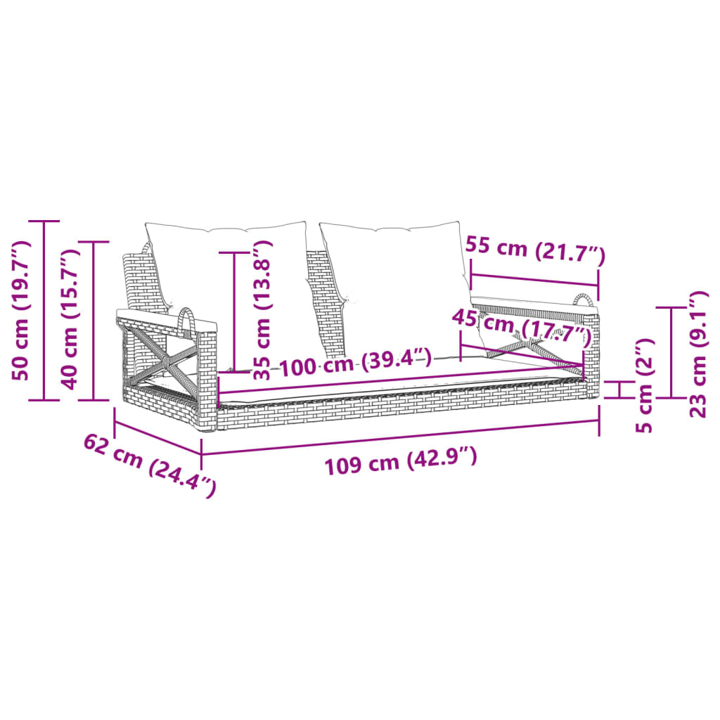 vidaXL Παγκάκι Κουνιστό Μπεζ 109x62x40εκ. Συνθετικό Ρατάν με Μαξιλάρια