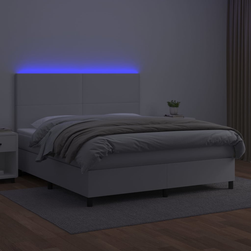 vidaXL Κρεβάτι Boxspring με Στρώμα & LED Λευκό 180x200 εκ. Συνθ. Δέρμα