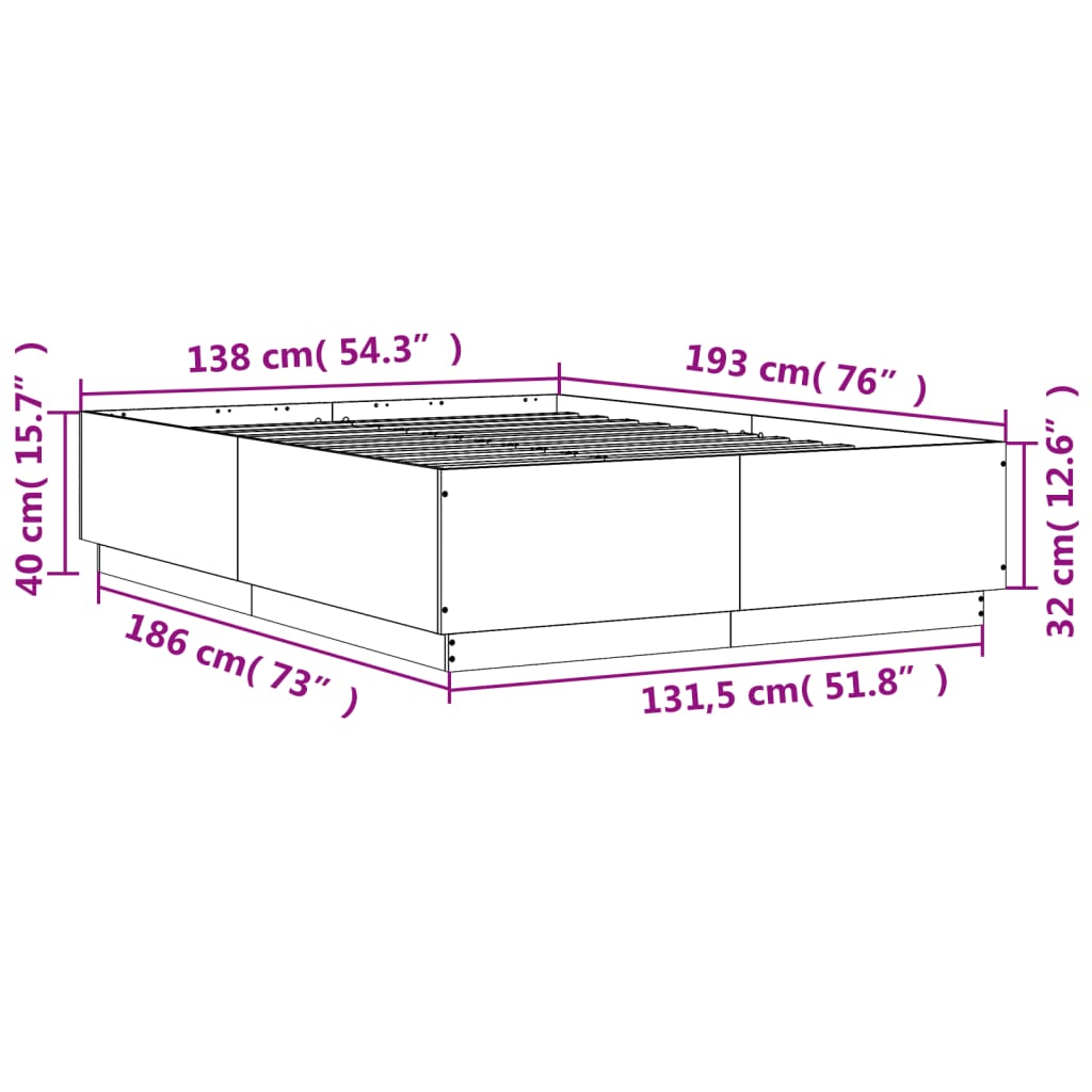 vidaXL Πλαίσιο Κρεβατιού με LED Καφέ Δρυς 135x190εκ. Επεξ. Ξύλο