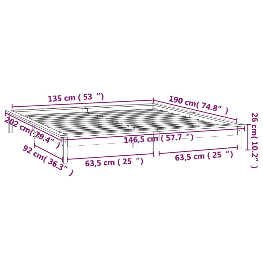 vidaXL Πλαίσιο Κρεβατιού με LED Μαύρο 135 x 190 εκ. Διπλό Μασίφ Ξύλο