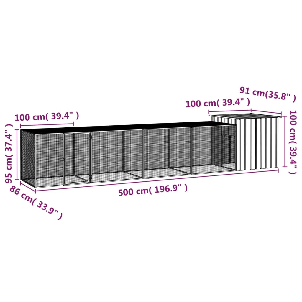 vidaXL Κοτέτσι - Κλουβί Γκρι 500x91x100 εκ. από Γαλβανισμένο Χάλυβα