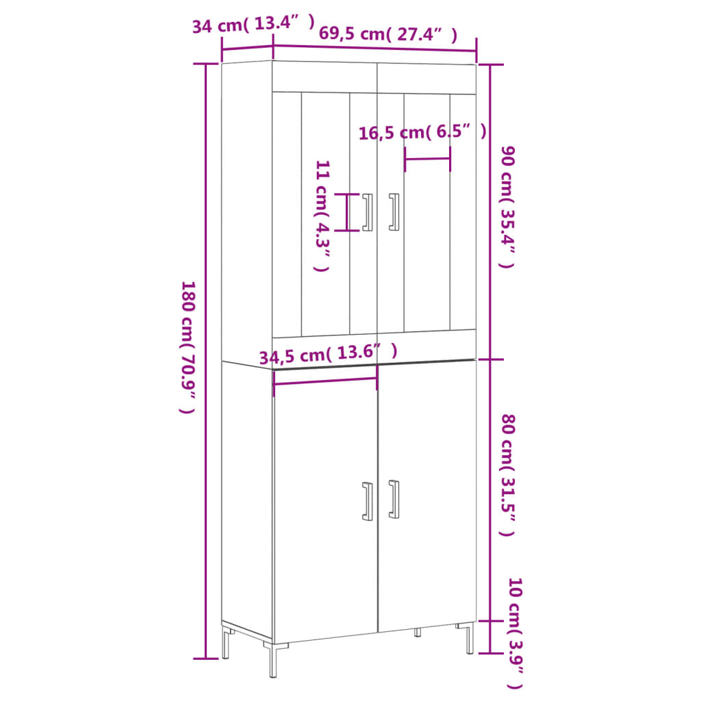 vidaXL Ντουλάπι Γυαλιστερό Λευκό 69,5x34x180 εκ. Επεξεργασμένο Ξύλο