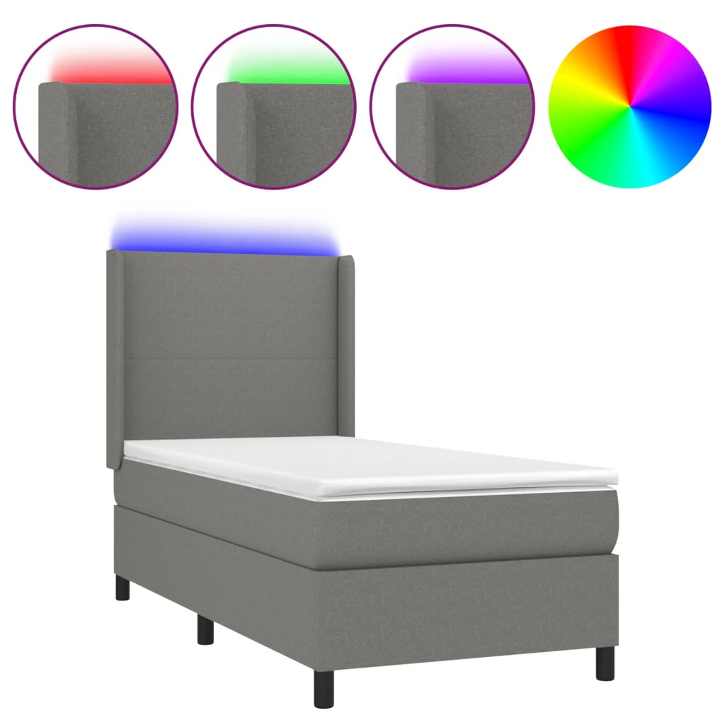 vidaXL Κρεβάτι Boxspring με Στρώμα & LED Σκ.Γκρι 90x200 εκ. Υφασμάτινο