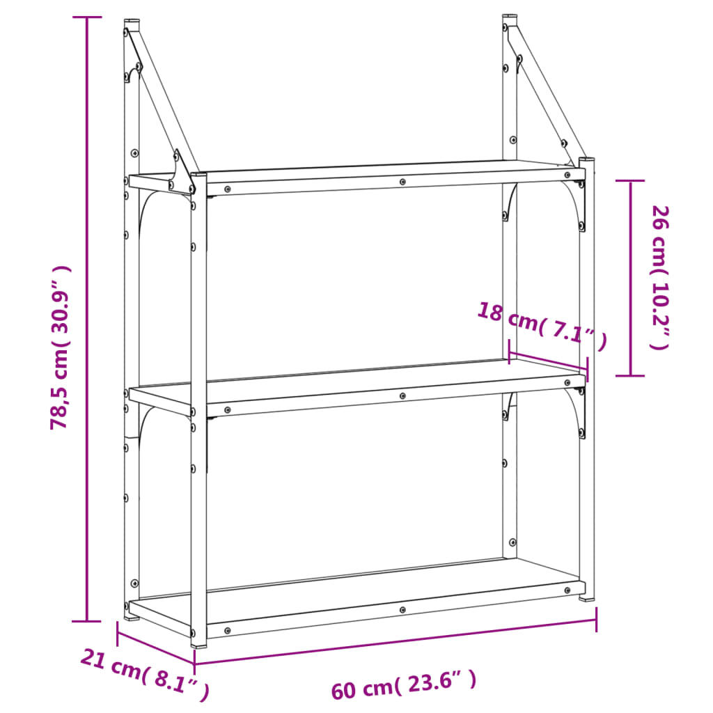 vidaXL Ραφιέρα Τοίχου με 3 Ράφια Καφέ Δρυς 60x21x78,5 εκ Επεξεργ. Ξύλο