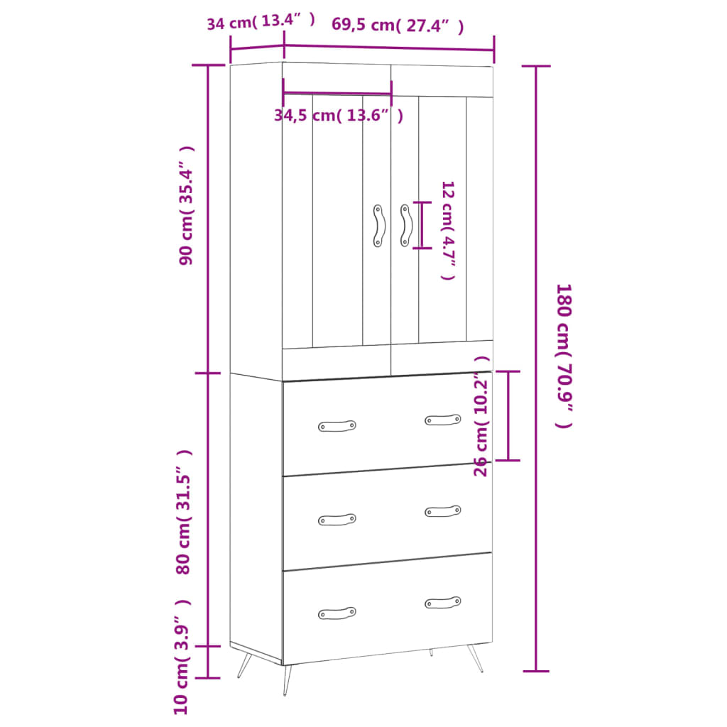 vidaXL Ντουλάπι Γκρι Σκυροδέματος 69,5x34x180 εκ. Επεξεργασμένο Ξύλο