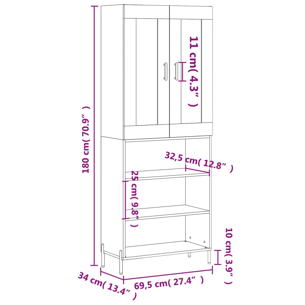 vidaXL Ντουλάπι Γκρι Σκυροδέματος 69,5x34x180 εκ. Επεξεργασμένο Ξύλο