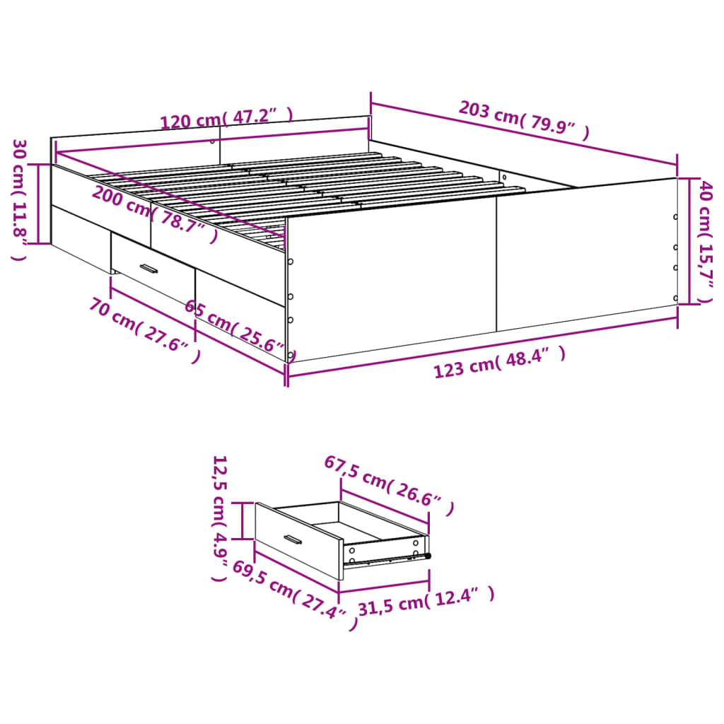 vidaXL Πλαίσιο Κρεβατιού με συρτάρια Γκρι sonoma 120x200εκ. Επεξ. Ξύλο