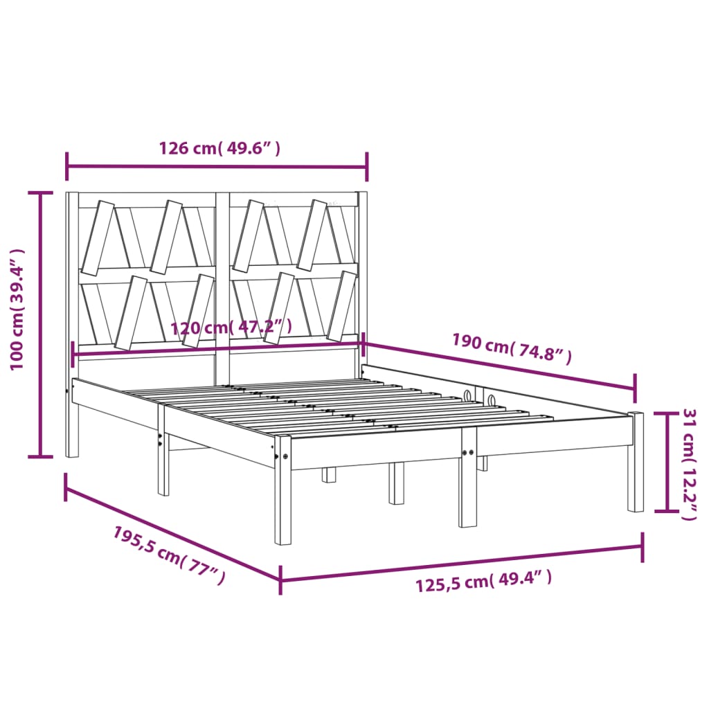 vidaXL Πλαίσιο Κρεβατιού 120 x 190 εκ. Μασίφ Πεύκο Small Double