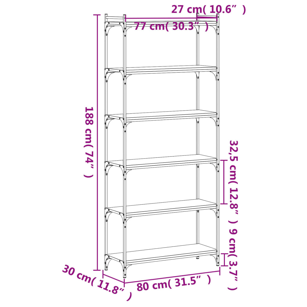 vidaXL Βιβλιοθήκη 6 Επιπέδων Καπνιστή Δρυς 80x30x188 εκ. Επεξεργ. Ξύλο