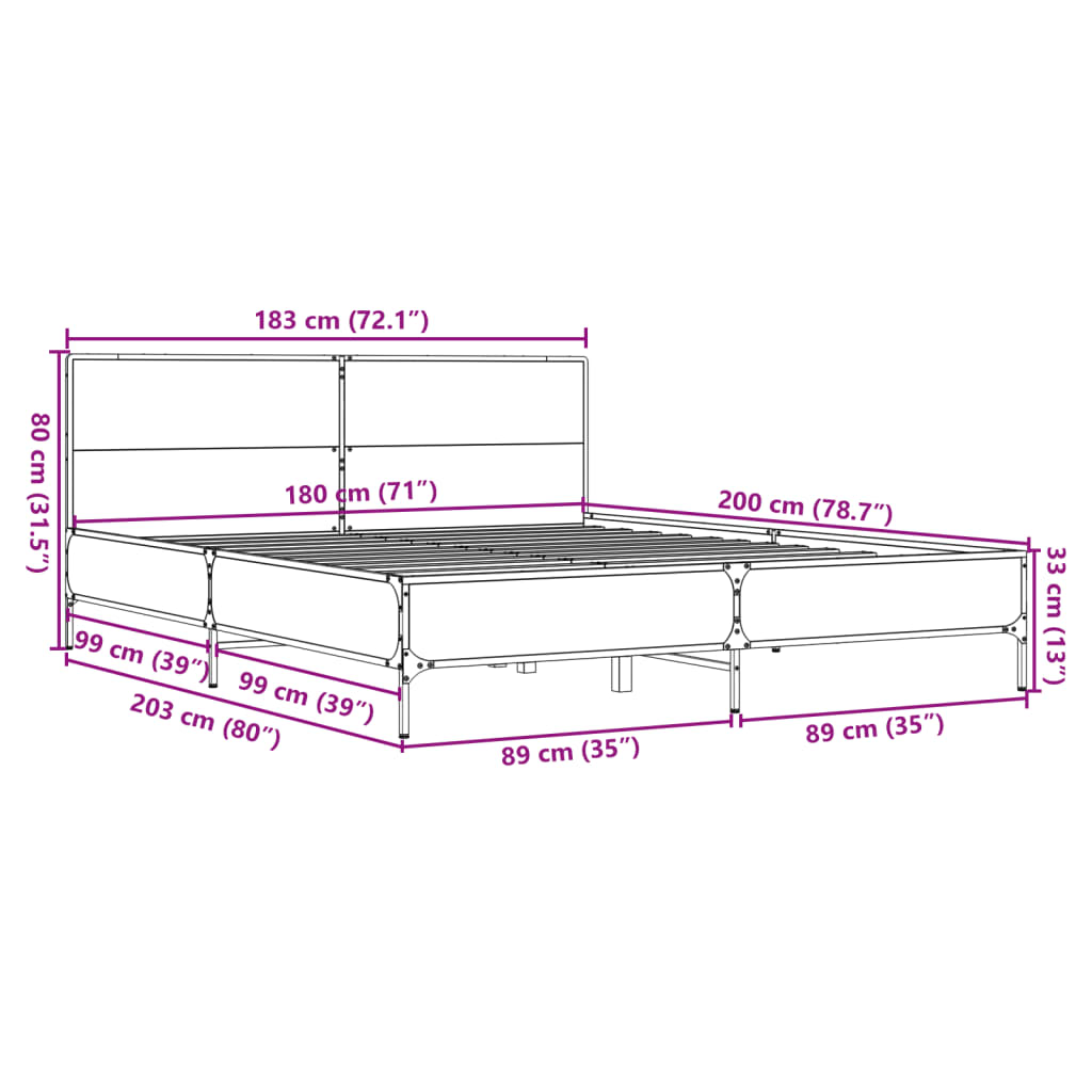 vidaXL Πλαίσιο Κρεβατιού Καπνιστή Δρυς 180x200εκ. Επεξ. Ξύλο & Μέταλλο