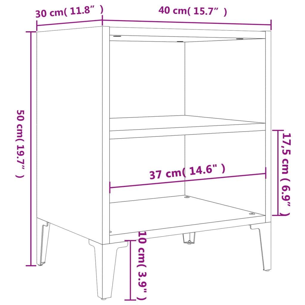 vidaXL Κομοδίνα 2 τεμ. Μαύρα 40x30x50 εκ. με Μεταλλικά Πόδια