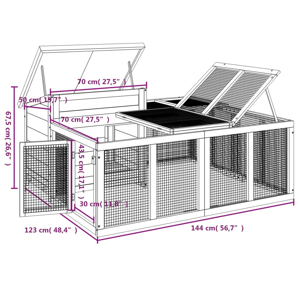 vidaXL Κλουβί Κουνελιών Καφέ 144 x 123 x 67,5 εκ. Μασίφ Ξύλο Πεύκου