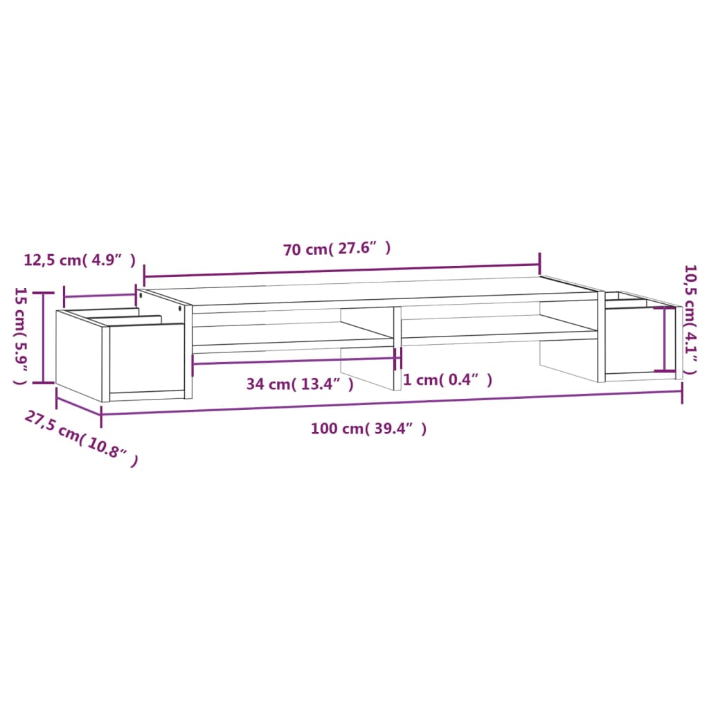 vidaXL Βάση Οθόνης Γκρι 100x27,5x15 εκ. από Μασίφ Ξύλο Πεύκου