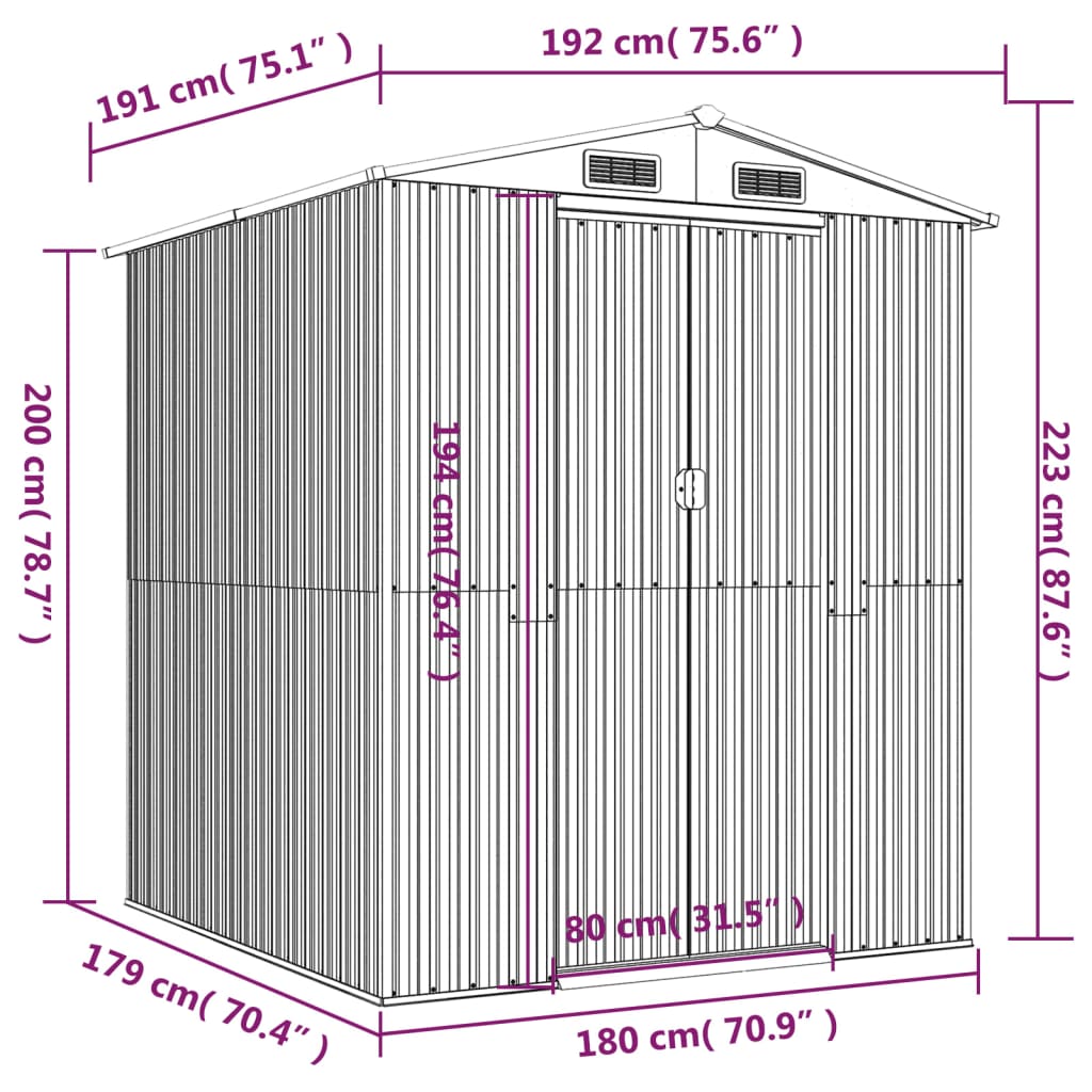 vidaXL Αποθήκη Κήπου Ανοιχτό γκρι 192x191x223 εκ. Γαλβανισμένο Ατσάλι