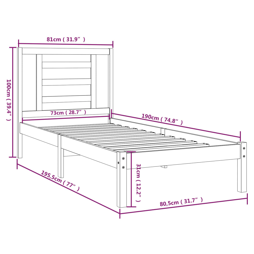 vidaXL Πλαίσιο Κρεβατιού Λευκό 75x190 εκ. Μασίφ Ξύλο Small Single