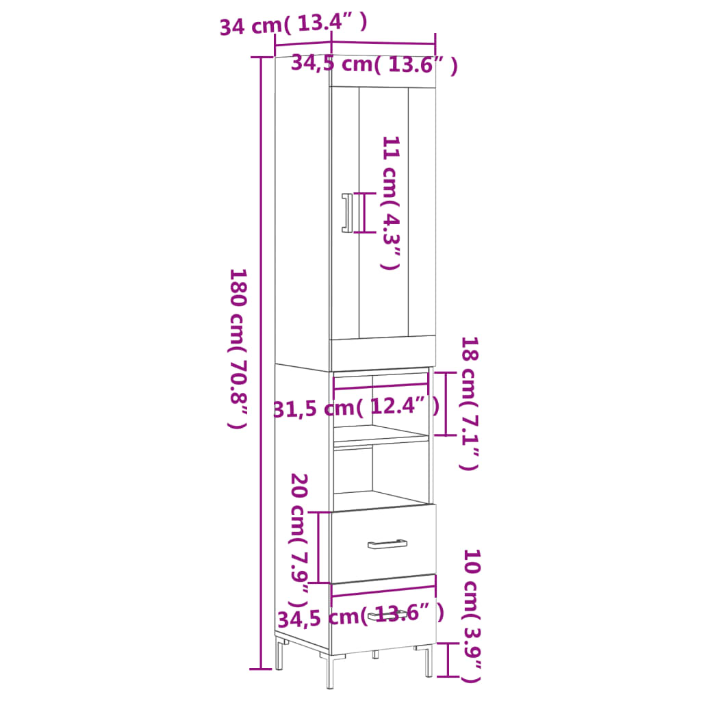 vidaXL Ντουλάπι Λευκό 34,5 x 34 x 180 εκ. από Επεξεργασμένο Ξύλο