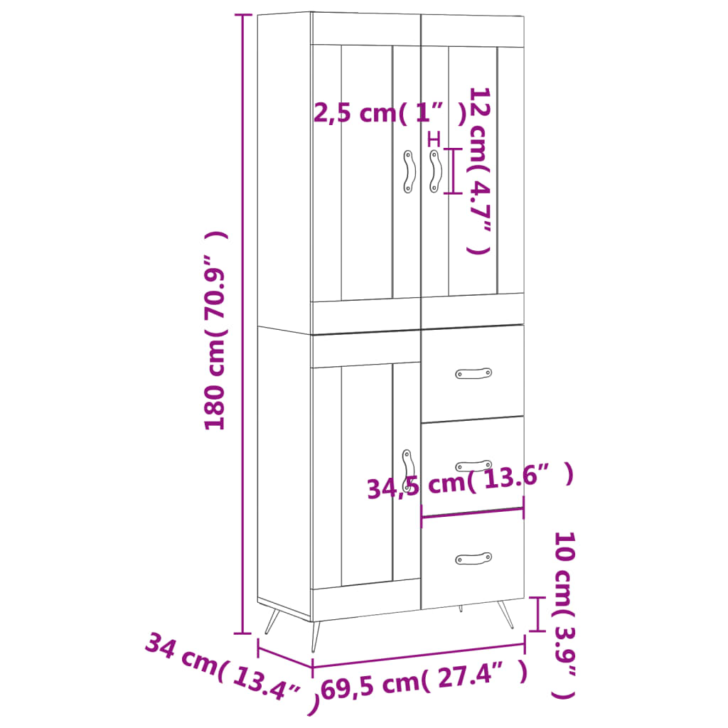 vidaXL Ντουλάπι Μαύρο 69,5x34x180 εκ. από Επεξεργασμένο Ξύλο