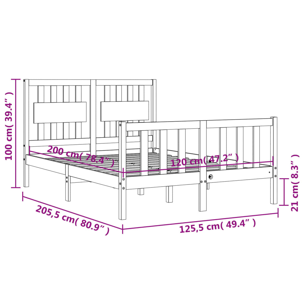 vidaXL Πλαίσιο Κρεβατιού με Κεφαλάρι 120x200 εκ. από Μασίφ Ξύλο