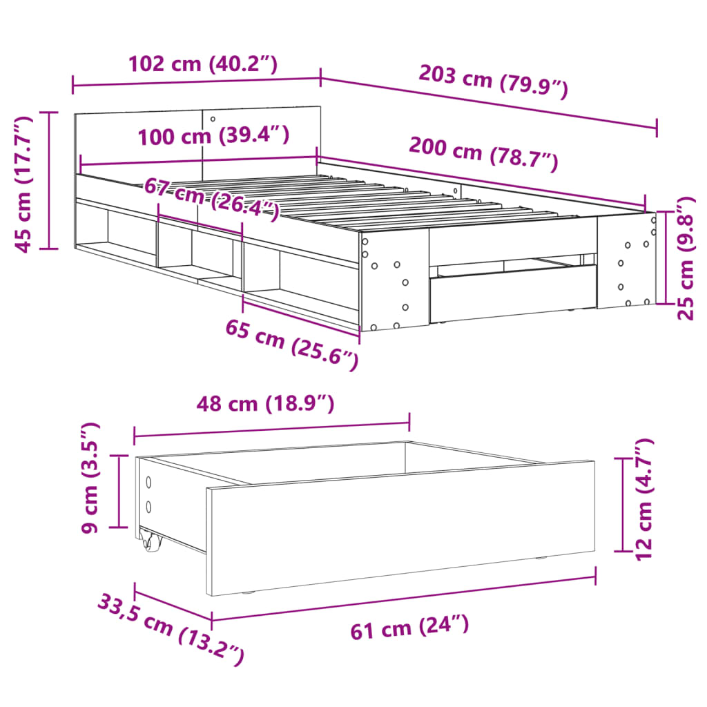 vidaXL Πλαίσιο Κρεβατιού με συρτάρια Γκρι sonoma 100x200εκ. Επεξ. Ξύλο