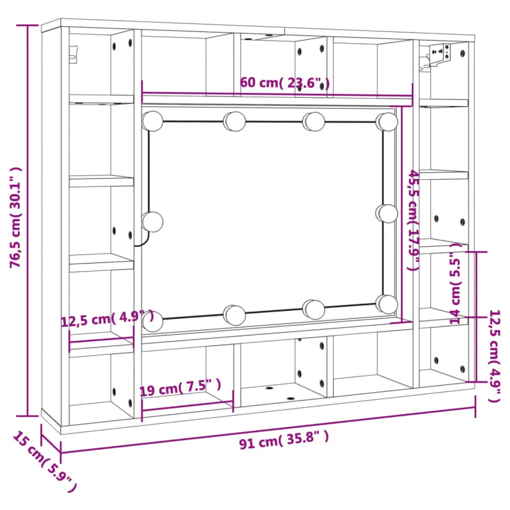 vidaXL Έπιπλο Καθρέπτη με LED Γυαλιστερό Λευκό 91x15x76,5 εκ.