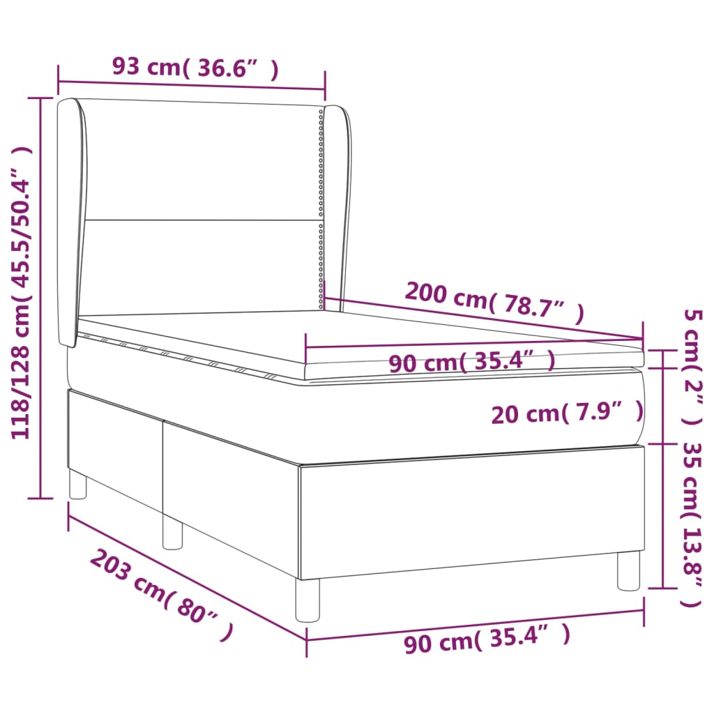 vidaXL Κρεβάτι Boxspring με Στρώμα Κρεμ 90x200 εκ.Υφασμάτινο