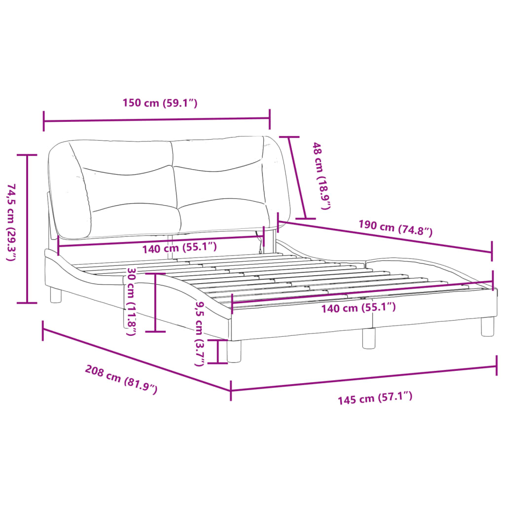 vidaXL Πλαίσιο Κρεβατιού με LED Μαύρο 140x190 εκ. Συνθετικό Δέρμα