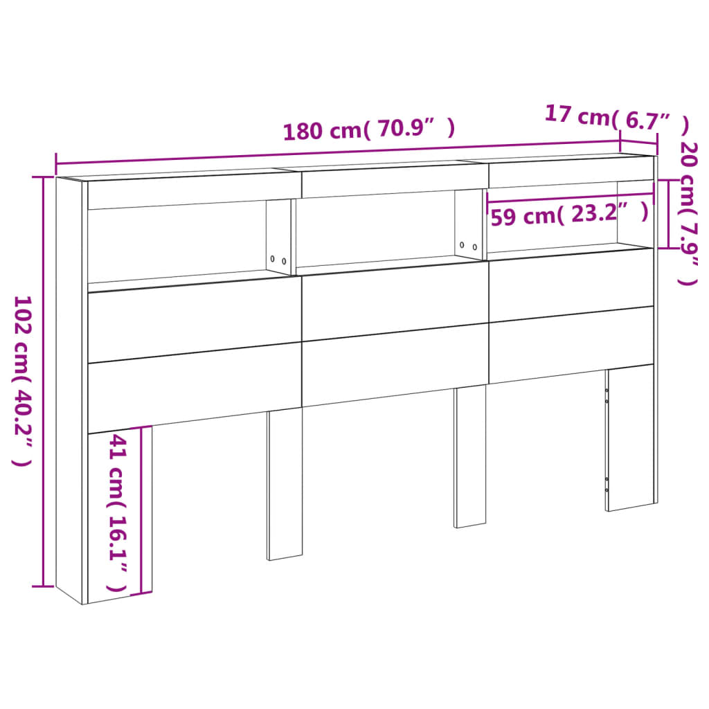 vidaXL Κεφαλάρι με Αποθηκ. Χώρο & LED Γκρι Σκυρ. 180x17x102 εκ.