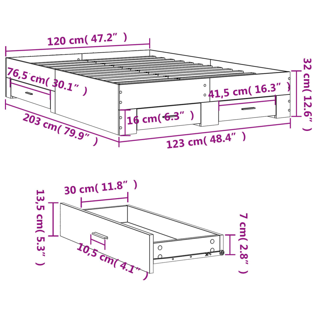 vidaXL Πλαίσιο Κρεβατιού με συρτάρια Γκρι sonoma 120x200εκ. Επεξ. Ξύλο