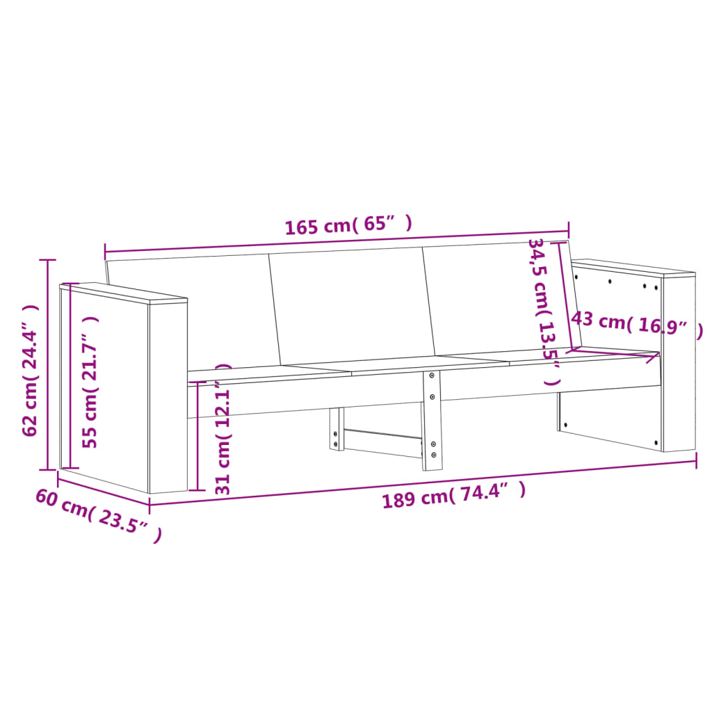 vidaXL Καναπές Κήπου Τριθέσιος 189x60x62 εκ. Μασίφ Ξύλο Ψευδοτσούγκας