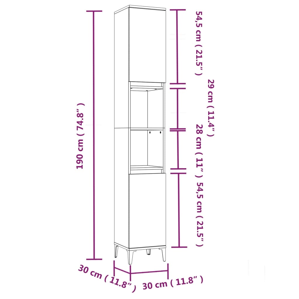 vidaXL Ντουλάπι Μπάνιου Γκρι Σκυροδέματος 30x30x190 εκ. Επεξ. Ξύλο