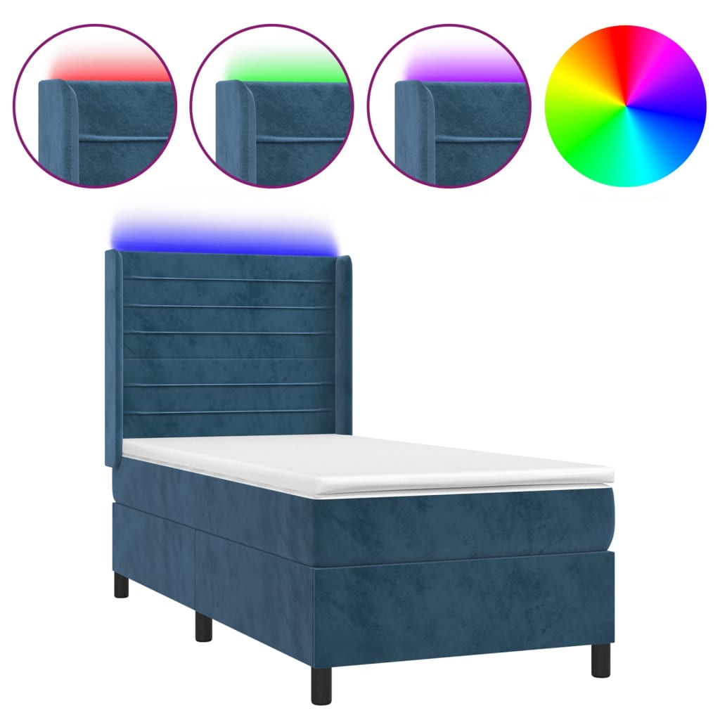 vidaXL Κρεβάτι Boxspring με Στρώμα & LED Σκ. Μπλε 100x200εκ. Βελούδινο