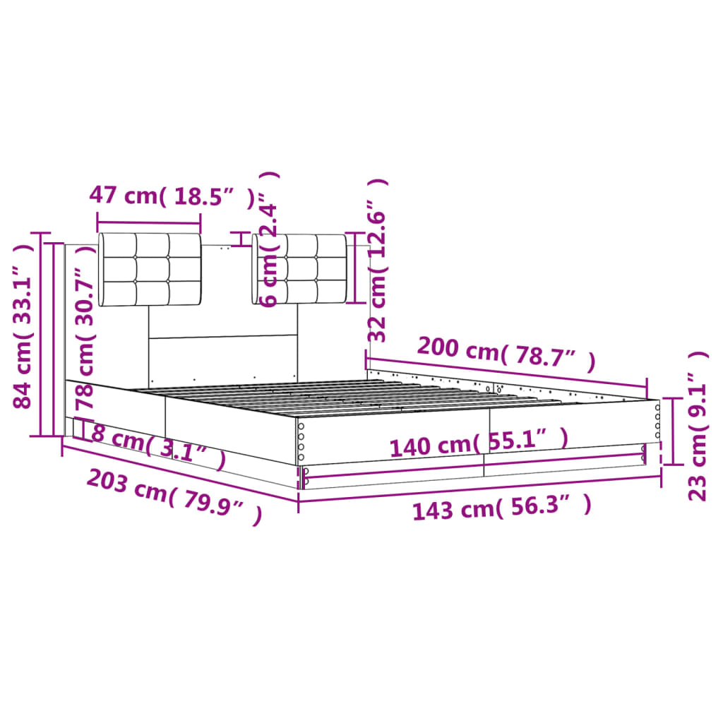 vidaXL Πλαίσιο Κρεβατιού με Κεφαλάρι Γκρι Sonoma 140x200εκ. Επεξ. Ξύλο