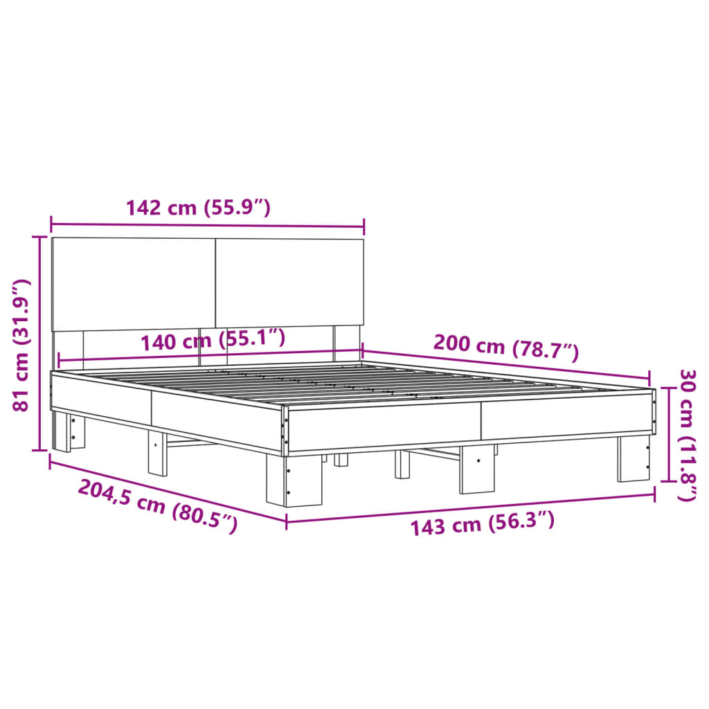 vidaXL Πλαίσιο Κρεβατιού Sonoma Δρυς 140x200 εκ. Επεξ. Ξύλο & Μέταλλο