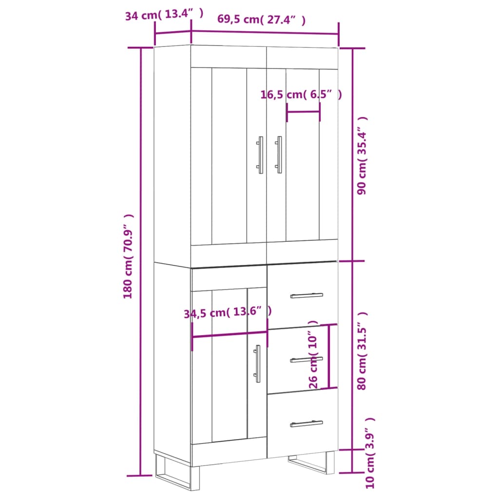 vidaXL Ντουλάπι Καφέ Δρυς 69,5 x 34 x 180 εκ. από Επεξεργασμένο Ξύλο