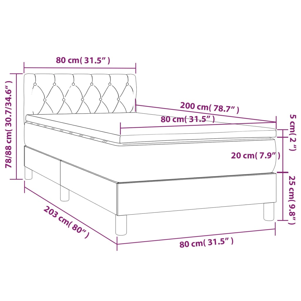 vidaXL Κρεβάτι Boxspring με Στρώμα & LED Αν.Γκρι 80x200 εκ. Βελούδινο