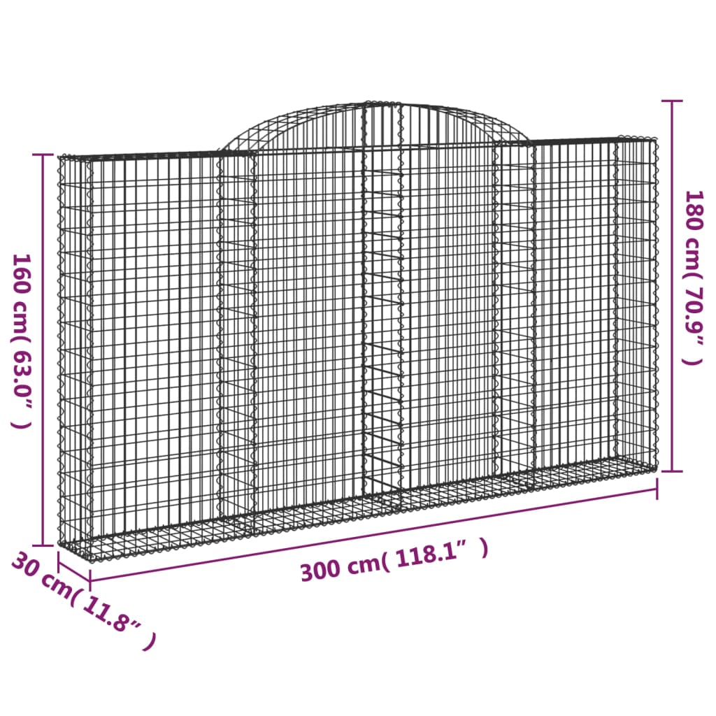 vidaXL Συρματοκιβώτια Τοξωτά 2 τεμ. 300x30x160/180 εκ. Γαλβαν. Ατσάλι