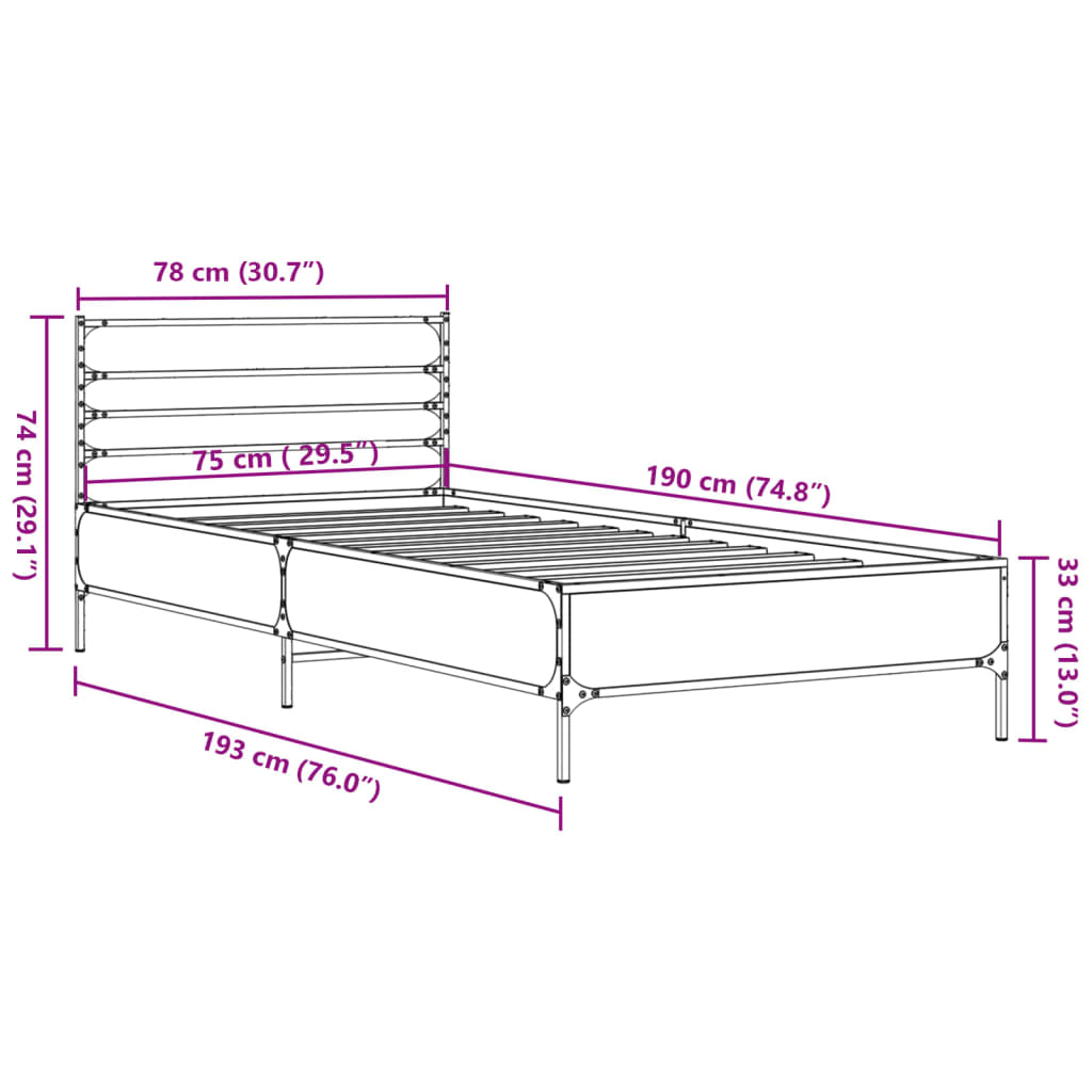 vidaXL Πλαίσιο Κρεβατιού Καφέ Δρυς 75x190 εκ. Επεξ. Ξύλο & Μέταλλο