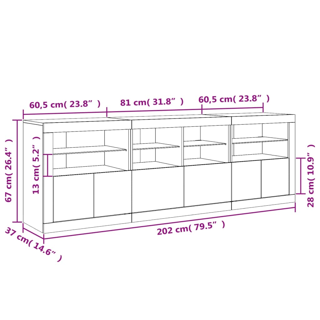 vidaXL Μπουφές με Φώτα LED Λευκός 202 x 37 x 67 εκ.