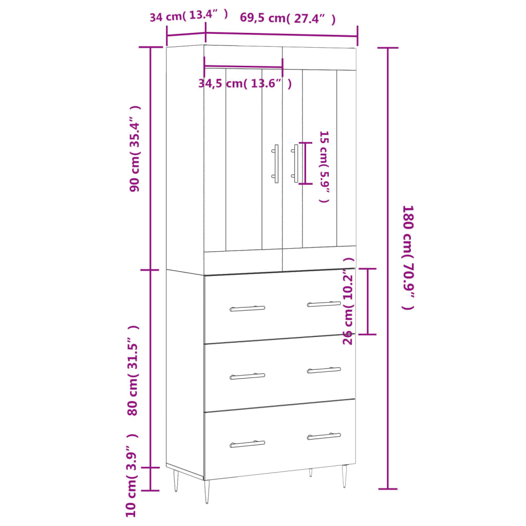 vidaXL Ντουλάπι Γκρι Sonoma 69,5 x 34 x 180 εκ. Επεξεργασμένο Ξύλο