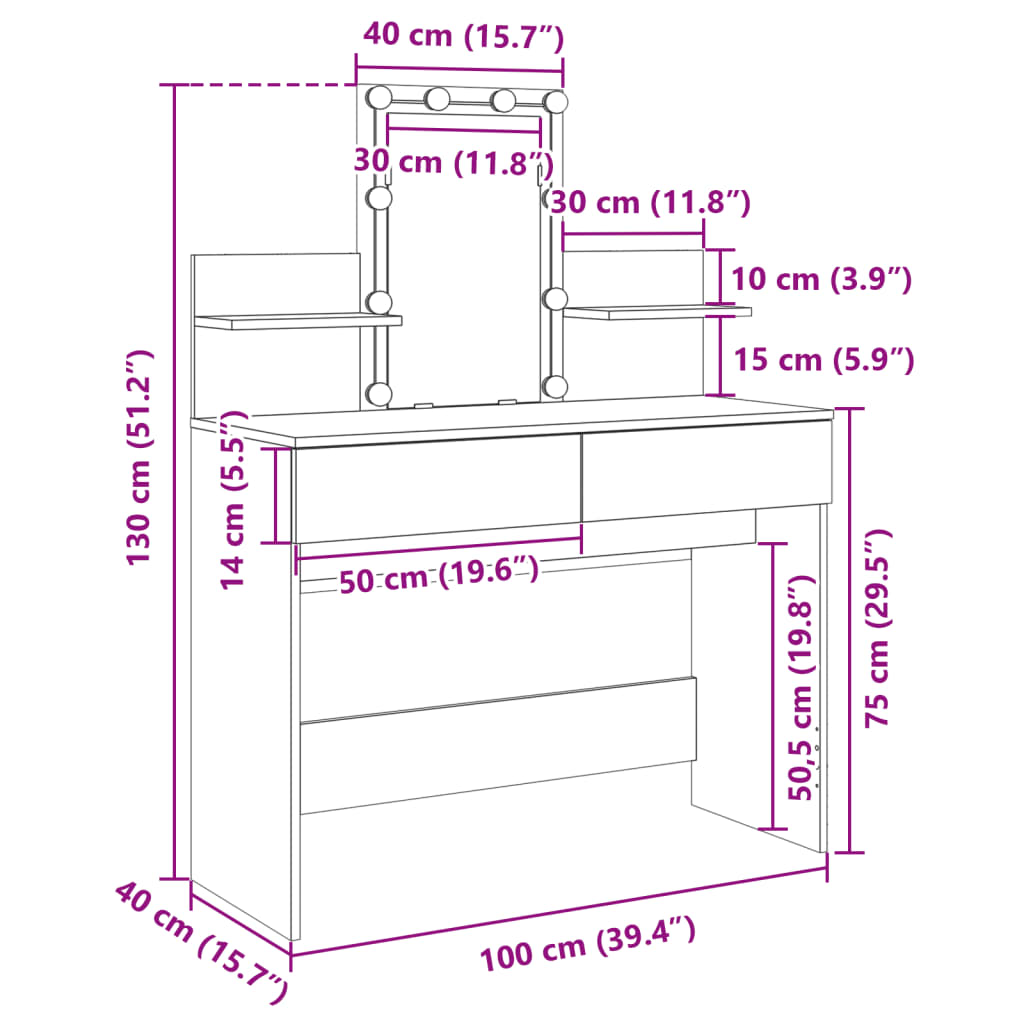 vidaXL Μπουντουάρ με LED Sonoma Δρυς 100x40x130 εκ.