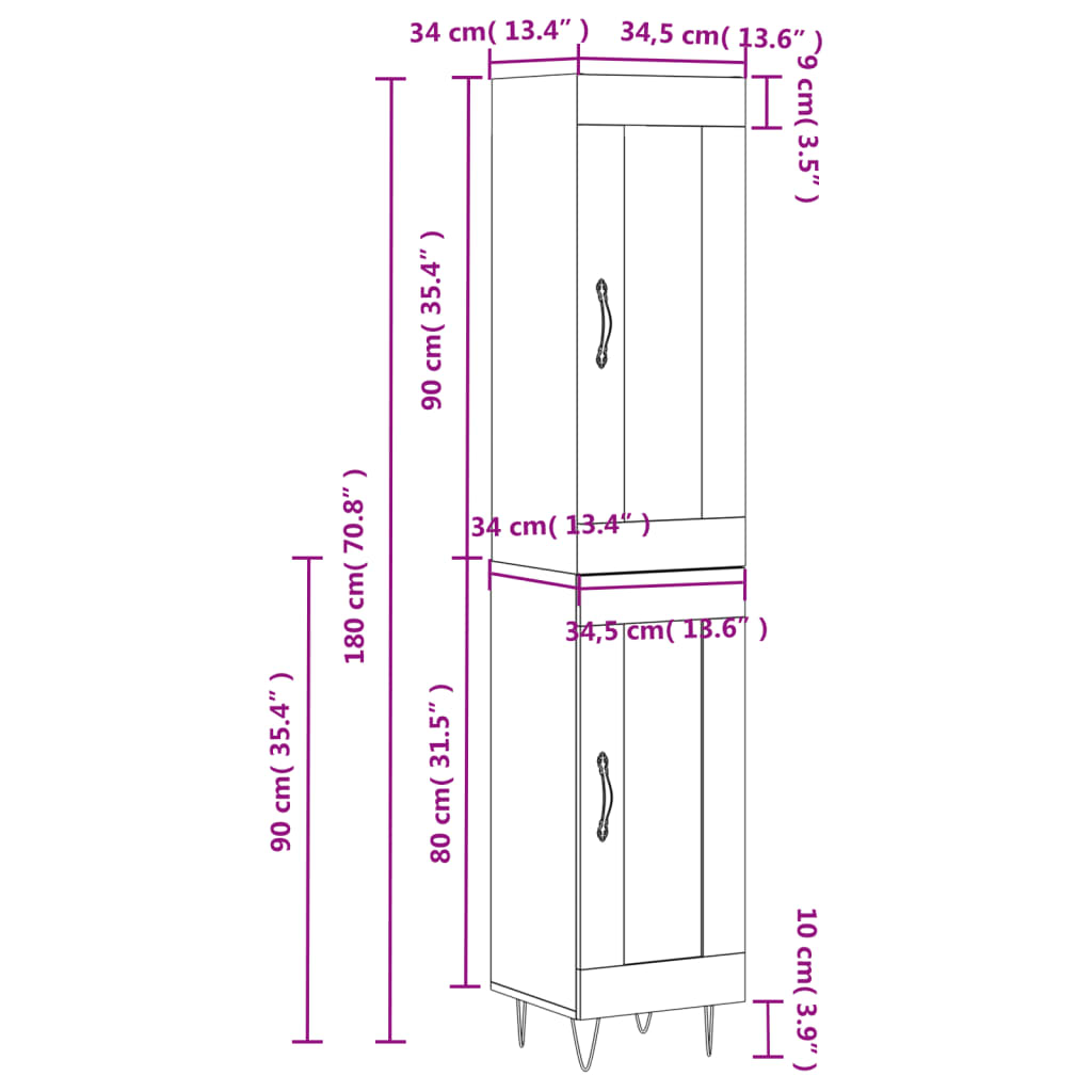 vidaXL Ντουλάπι Γυαλ. Λευκό 34,5 x 34 x 180 εκ. από Επεξεργασμένο Ξύλο