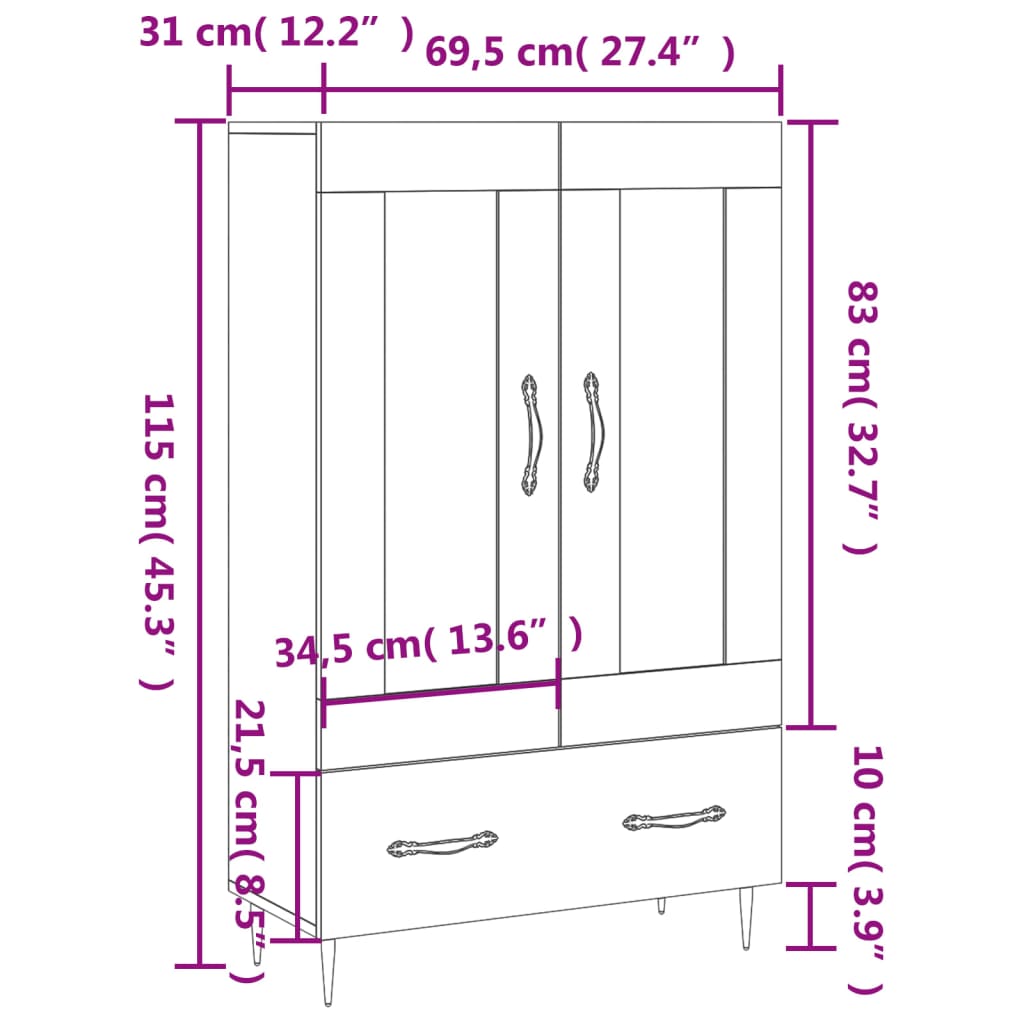 vidaXL Ντουλάπα Λευκή 69,5 x 31 x 115 εκ. από Επεξεργασμένο Ξύλο