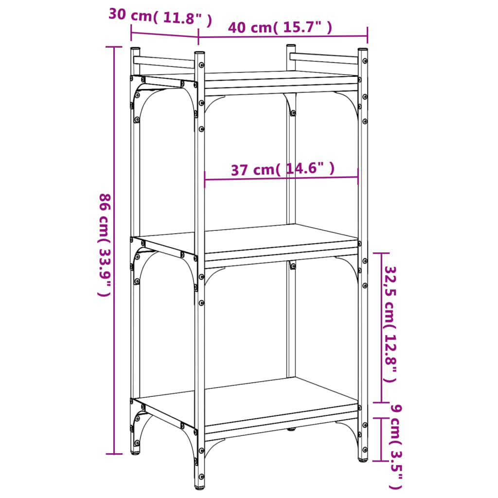 vidaXL Βιβλιοθήκη 3 Επιπέδων Μαύρη 40 x 30 x 86 εκ. Επεξεργασμένο Ξύλο