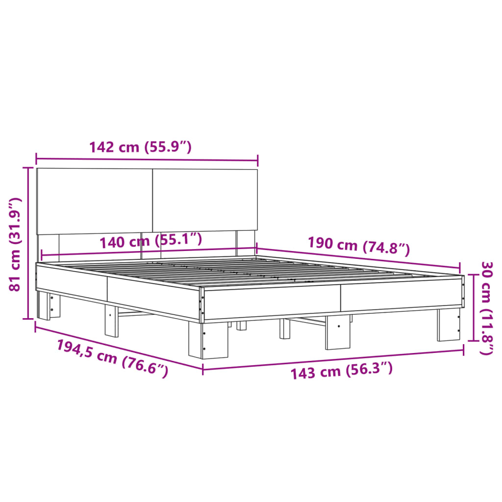 vidaXL Πλαίσιο Κρεβατιού Sonoma Δρυς 140x190 εκ. Επεξ. Ξύλο & Μέταλλο