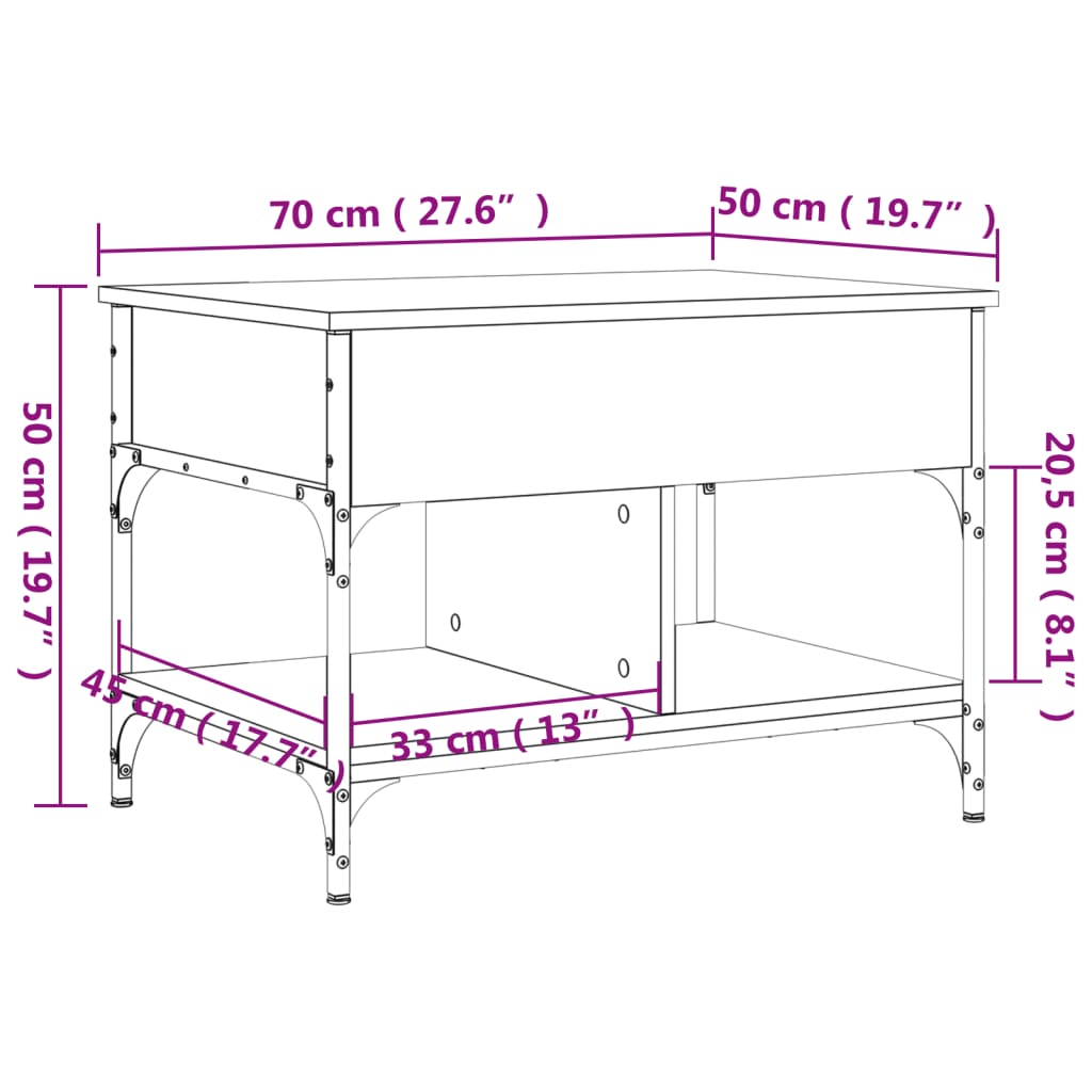 vidaXL Τραπεζάκι Σαλονιού Γκρι Sonoma 70x50x50 εκ. Επεξ. Ξύλο/Μέταλλο