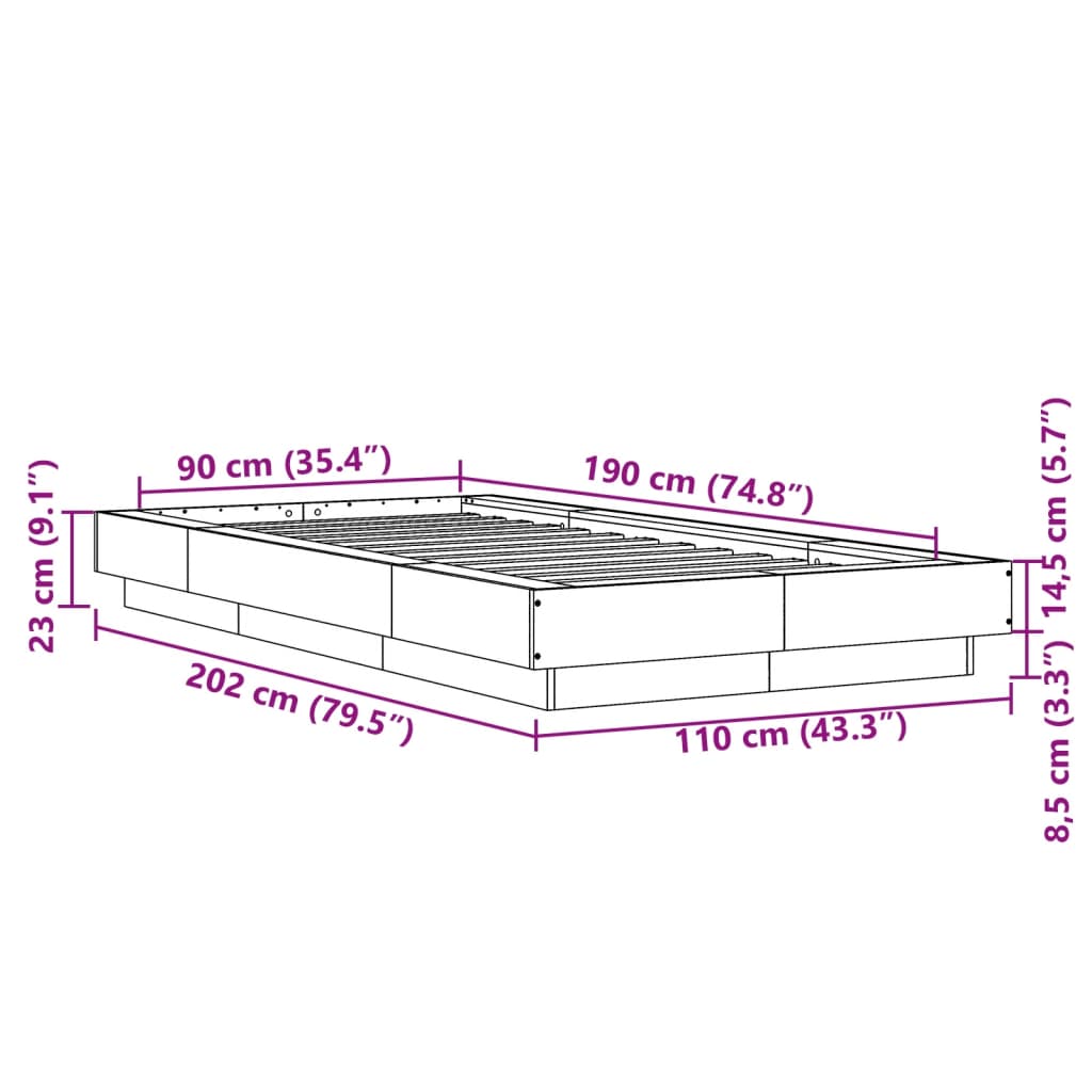 vidaXL Πλαίσιο Κρεβατιού με LED Καφέ Δρυς 90 x 190 εκ. Επεξ. Ξύλο