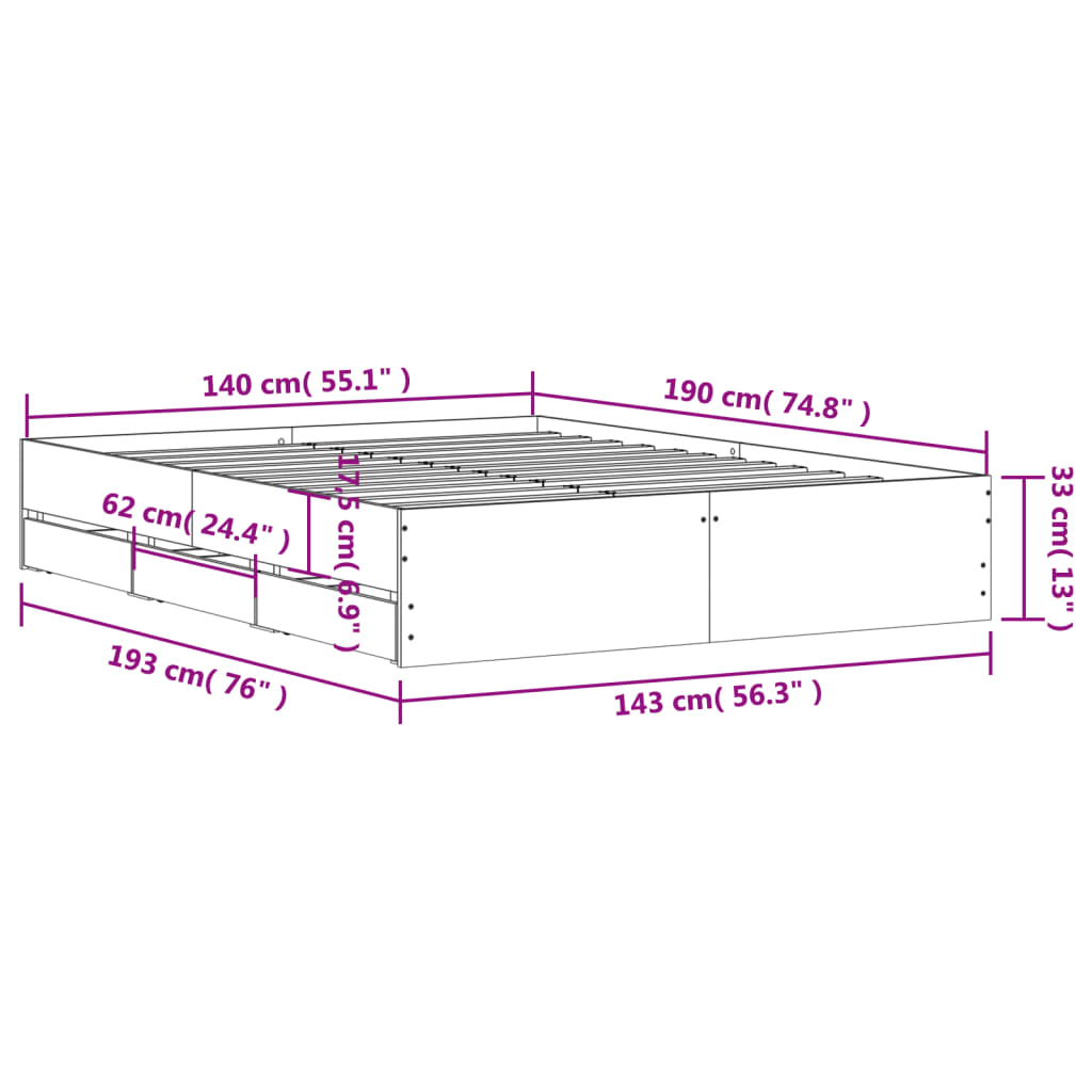 vidaXL Πλαίσιο Κρεβατιού με συρτάρια Γκρι sonoma 140x190εκ. Επεξ. Ξύλο