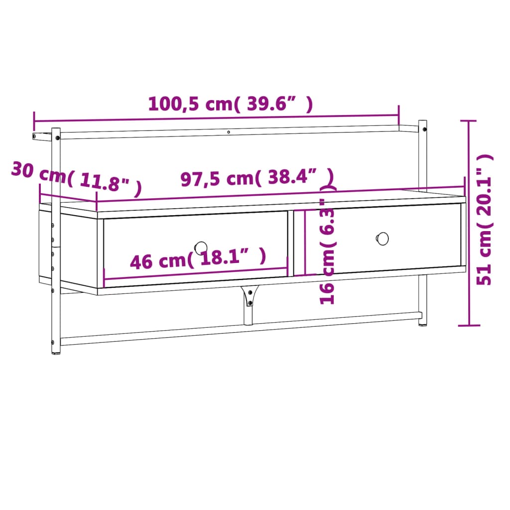 vidaXL Έπιπλο Τηλεόρασης Επιτοίχιο Μαύρο 100,5x30x51 εκ. Επεξ. Ξύλο