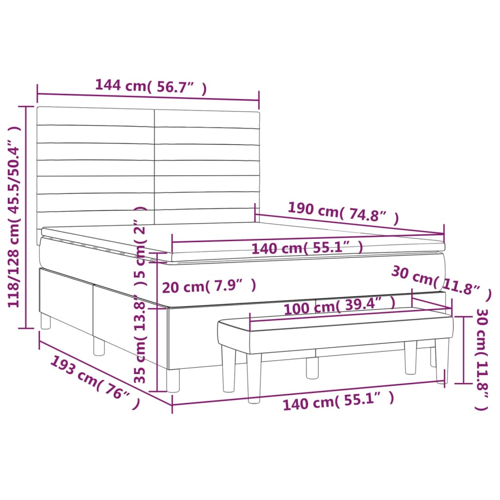 vidaXL Κρεβάτι Boxspring με Στρώμα Σκούρο Καφέ 140x190 εκ. Υφασμάτινο