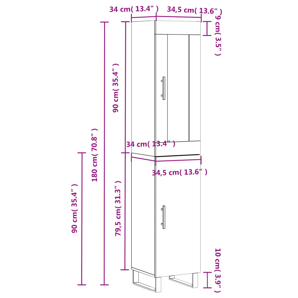 vidaXL Μπουφές Sonoma Γκρι 34,5 x 34 x 180 εκ. από Επεξεργασμένο Ξύλο